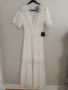 White Eyelet V-Neck Maxi Dress with Smocked Waist